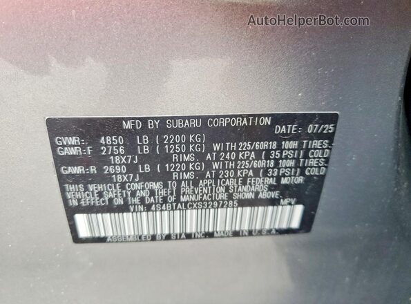 4S4BTALCXS3297285 2025 SUBARU OUTBACK Silver Widok naklejki z numerem VIN