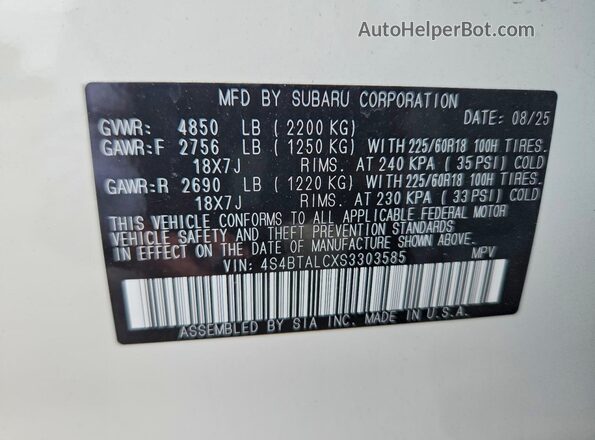 4S4BTALCXS3303585 2025 SUBARU OUTBACK White 