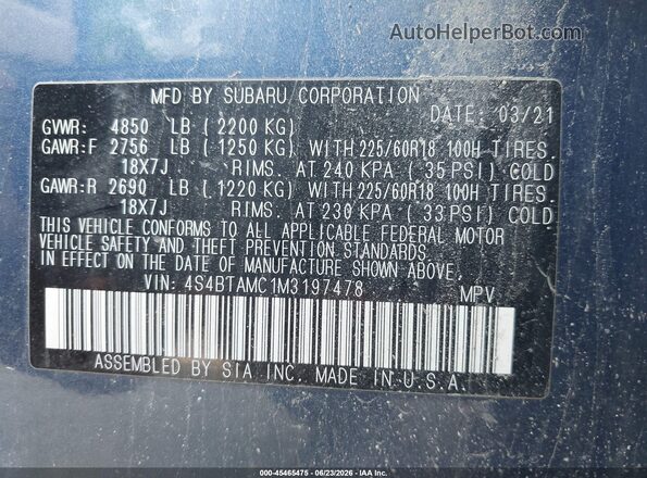 4S4BTAMC1M3197478 2021 SUBARU OUTBACK Navy Engine compartment view