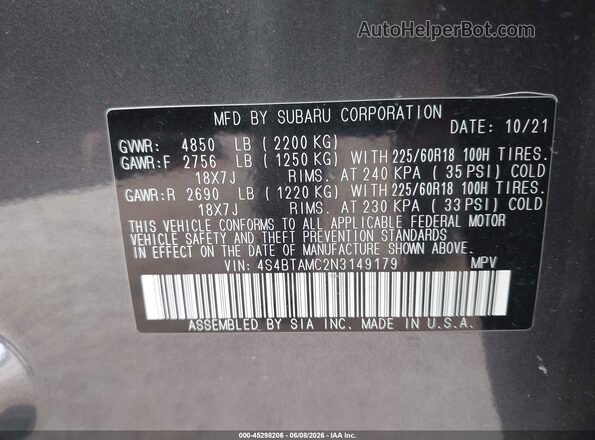 4S4BTAMC2N3149179 2022 SUBARU OUTBACK Gray ძრავის განყოფილების ხედი