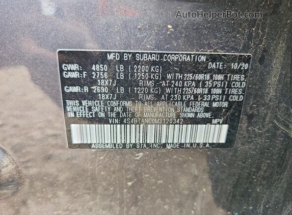 4S4BTANC0M3120342 2021 SUBARU OUTBACK Charcoal Widok naklejki z numerem VIN
