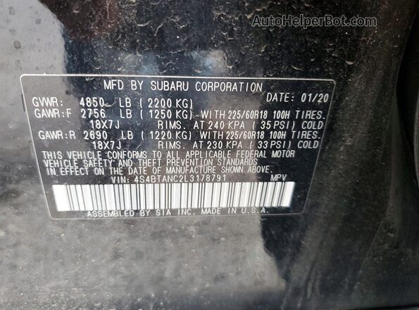 4S4BTANC2L3178791 2020 SUBARU OUTBACK Black ძრავის განყოფილების ხედი
