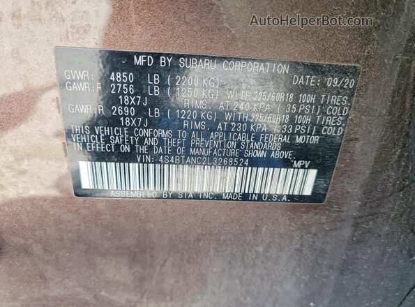 4S4BTANC2L3268524 2020 SUBARU OUTBACK Brown 