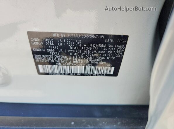 4S4BTANC2M3142990 2021 SUBARU OUTBACK White Вид наклейки з VIN-кодом
