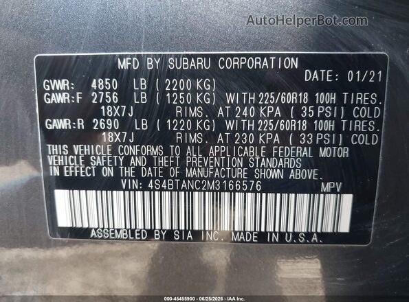 4S4BTANC2M3166576 2021 SUBARU OUTBACK Gray Engine compartment view
