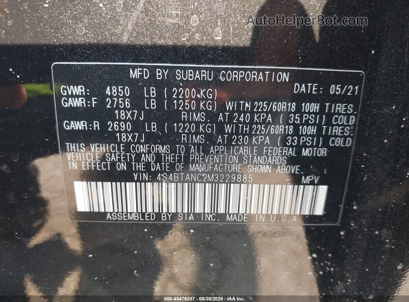 4S4BTANC2M3229885 2021 SUBARU OUTBACK Black ძრავის განყოფილების ხედი