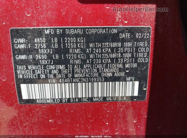 4S4BTANC2N3199353 2022 SUBARU OUTBACK Red Вид підкапотного простору