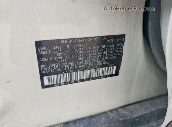 4S4BTANC3L3153611 2020 SUBARU OUTBACK White VIN կոդի պիտակի տեսք