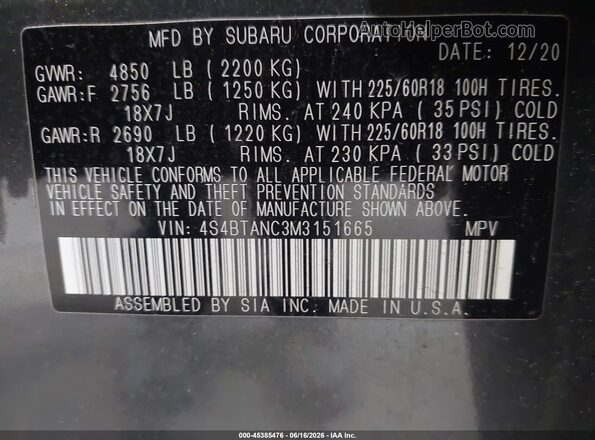 4S4BTANC3M3151665 2021 SUBARU OUTBACK Gray Widok komory silnika