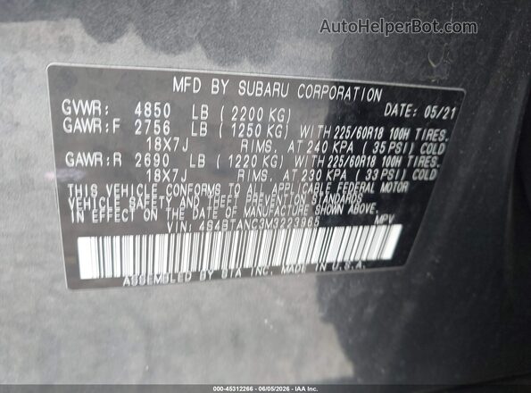 4S4BTANC3M3223965 2021 SUBARU OUTBACK Серый Вид подкапотного пространства