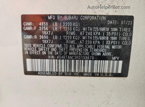 4S4BTANC3R3139670 2024 SUBARU OUTBACK White Панорамний вид салону 360°