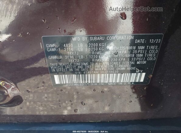 4S4BTANC3R3218630 2024 SUBARU OUTBACK Maroon ძრავის განყოფილების ხედი