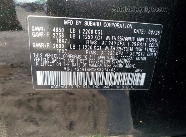 4S4BTANC3S3214406 2025 SUBARU OUTBACK Black VIN sticker view