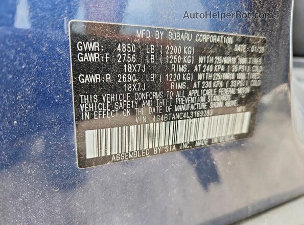 4S4BTANC4L3169283 2020 SUBARU OUTBACK Blue Vista interior de 360 grados