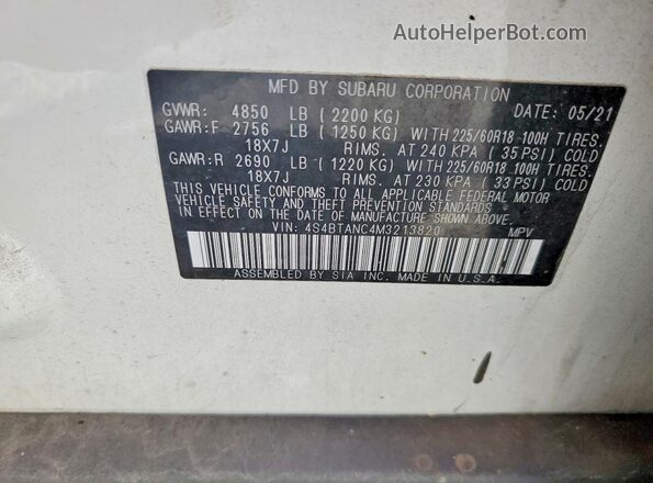 4S4BTANC4M3213820 2021 SUBARU OUTBACK White Vista de la etiqueta del VIN