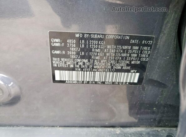 4S4BTANC4N3185177 2022 SUBARU OUTBACK Угольный 