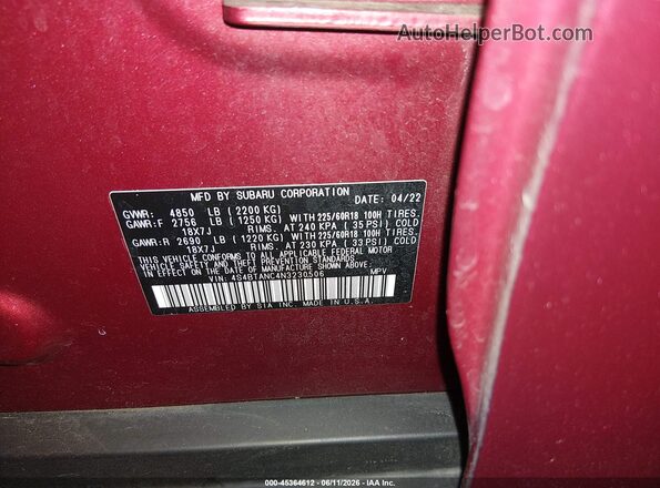 4S4BTANC4N3230506 2022 SUBARU OUTBACK Темно-бордовый Вид подкапотного пространства