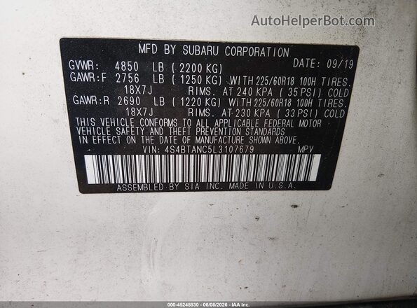 4S4BTANC5L3107679 2020 SUBARU OUTBACK White Engine compartment view