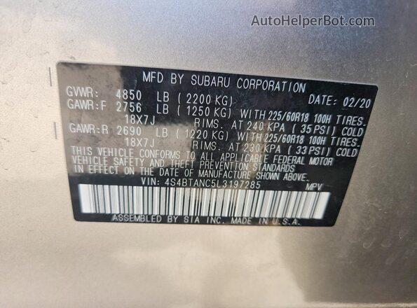 4S4BTANC5L3197285 2020 SUBARU OUTBACK Silver Widok komory silnika