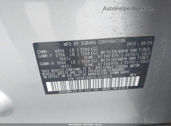 4S4BTANC5L3232570 2020 SUBARU OUTBACK Серебряный Вид подкапотного пространства