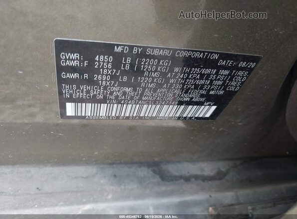4S4BTANC5L3247148 2020 SUBARU OUTBACK Blue Շարժիչի բաժամունքի տեսք