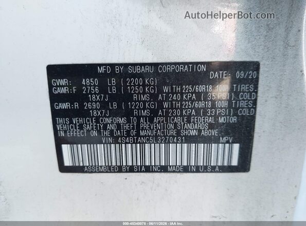 4S4BTANC5L3270431 2020 SUBARU OUTBACK Белый Вид подкапотного пространства
