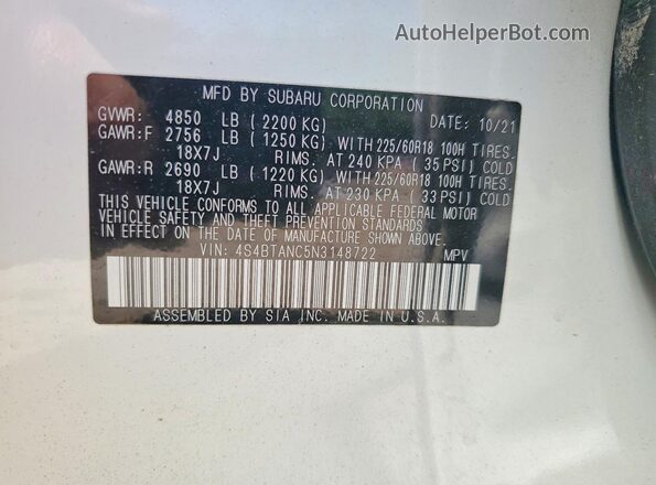 4S4BTANC5N3148722 2022 SUBARU OUTBACK White Շարժիչի բաժամունքի տեսք