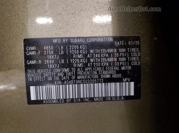 4S4BTANC5S3205772 2025 SUBARU OUTBACK Green VIN կոդի պիտակի տեսք