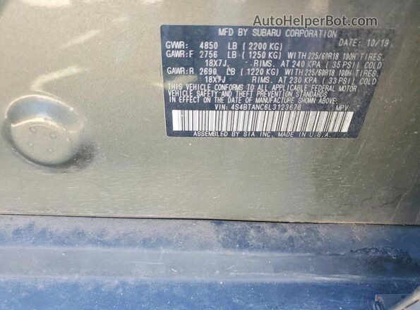 4S4BTANC6L3123678 2020 SUBARU OUTBACK Зеленый Вид наклейки с VIN-кодом