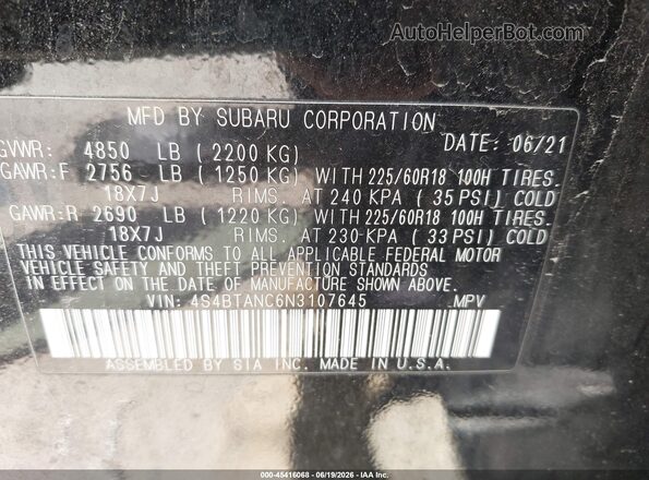4S4BTANC6N3107645 2022 SUBARU OUTBACK Black Vista del compartimento del motor