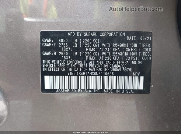 4S4BTANC6N3116636 2022 SUBARU OUTBACK Brown Շարժիչի բաժամունքի տեսք