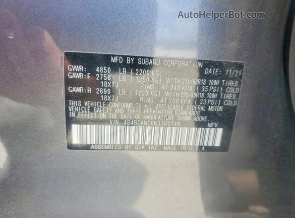 4S4BTANC6N3160748 2022 SUBARU OUTBACK Black VIN sticker view