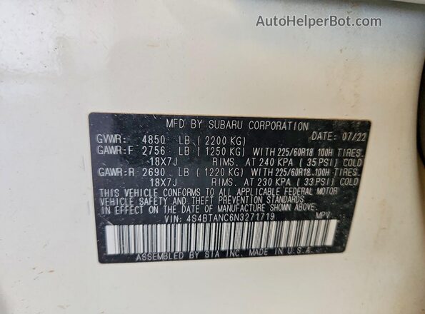 4S4BTANC6N3271719 2022 SUBARU OUTBACK White VIN կոդի պիտակի տեսք