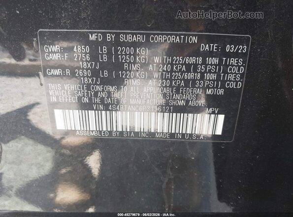 4S4BTANC6P3196121 2023 SUBARU OUTBACK Black Շարժիչի բաժամունքի տեսք