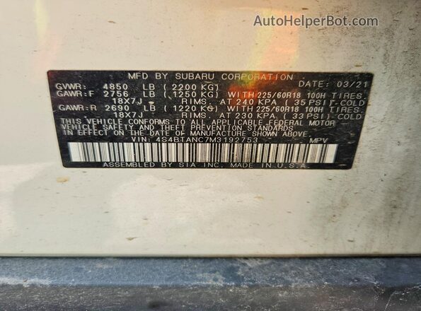 4S4BTANC7M3192753 2021 SUBARU OUTBACK White VIN կոդի պիտակի տեսք