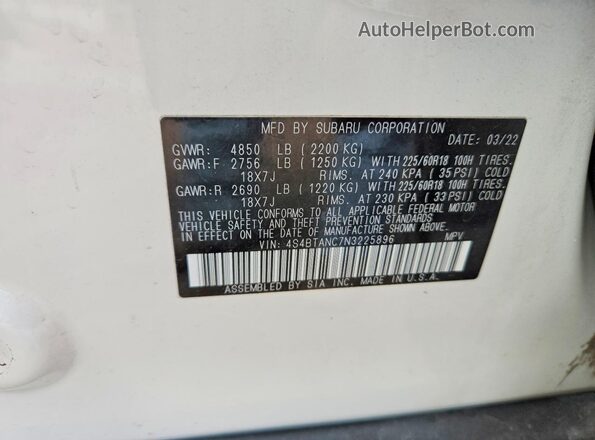 4S4BTANC7N3225896 2022 SUBARU OUTBACK White Вид підкапотного простору