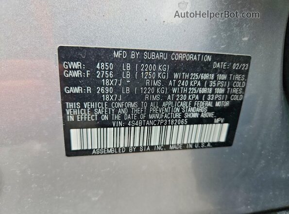 4S4BTANC7P3182065 2023 SUBARU OUTBACK Silver VIN კოდის სტიკერის ხედი