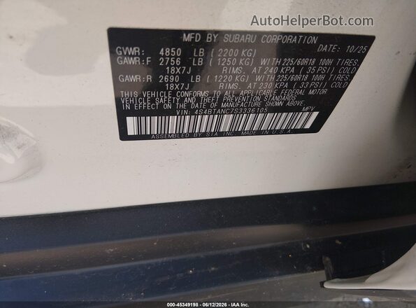 4S4BTANC7S3336105 2025 SUBARU OUTBACK White Vista del compartimento del motor