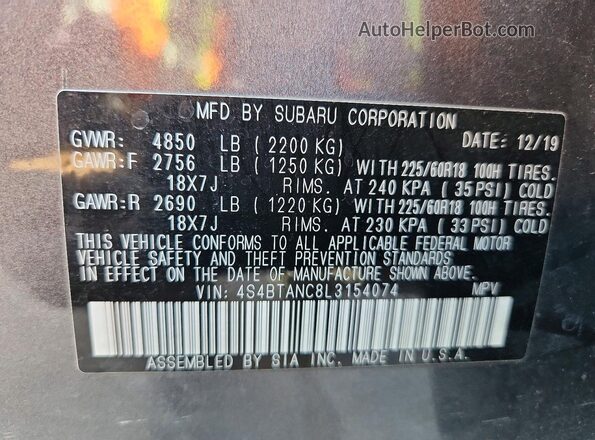 4S4BTANC8L3154074 2020 SUBARU OUTBACK Gray Widok naklejki z numerem VIN