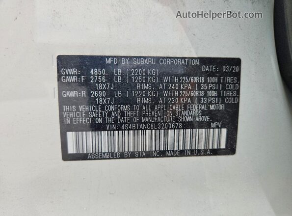 4S4BTANC8L3200678 2020 SUBARU OUTBACK White VIN sticker view