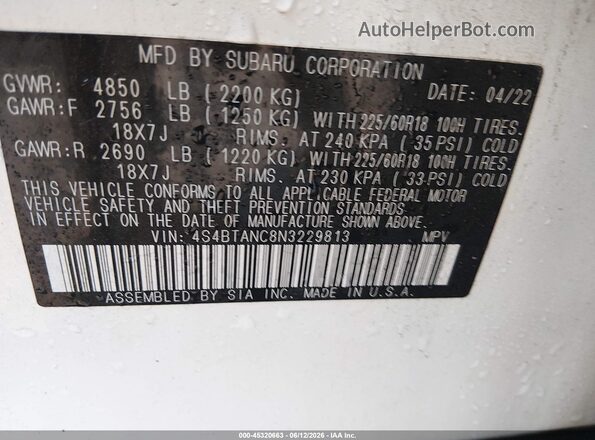 4S4BTANC8N3229813 2022 SUBARU OUTBACK White Вид підкапотного простору