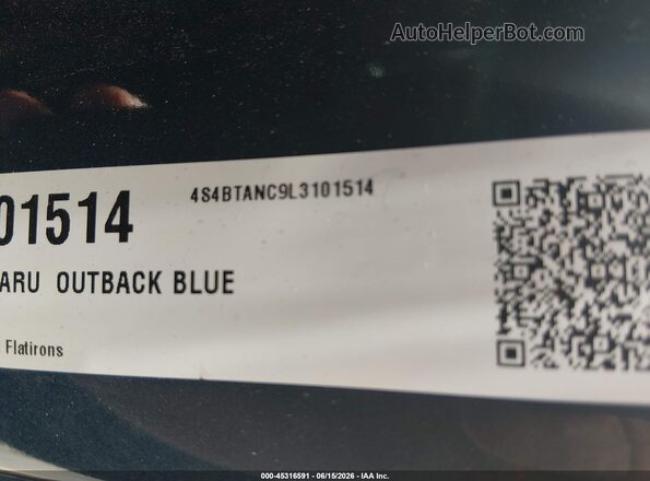 4S4BTANC9L3101514 2020 SUBARU OUTBACK Blue Vista del compartimento del motor