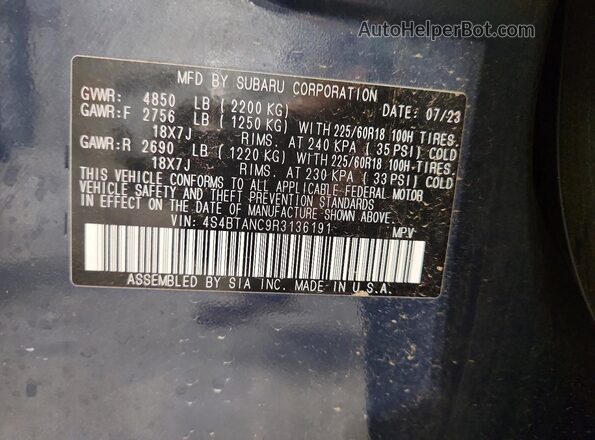 4S4BTANC9R3136191 2024 SUBARU OUTBACK Синий Панорамный вид салона 360°
