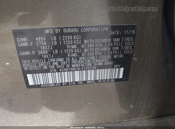 4S4BTANCXL3135249 2020 SUBARU OUTBACK Green Вид підкапотного простору