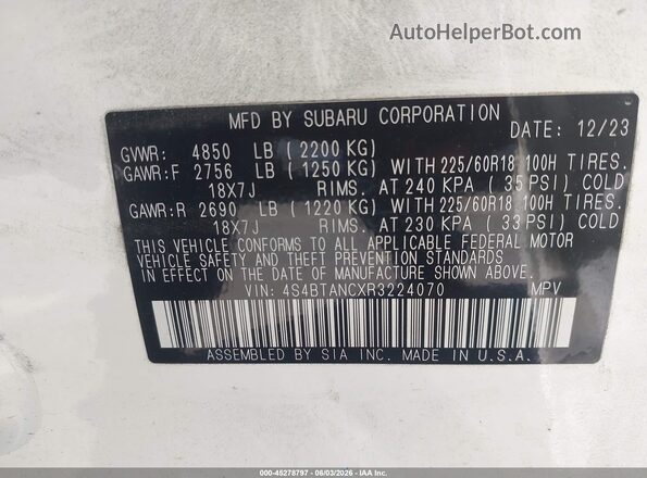 4S4BTANCXR3224070 2024 SUBARU OUTBACK White Vista del compartimento del motor