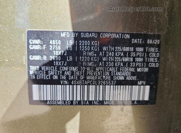 4S4BTAPC0L3265537 2020 SUBARU OUTBACK Green 