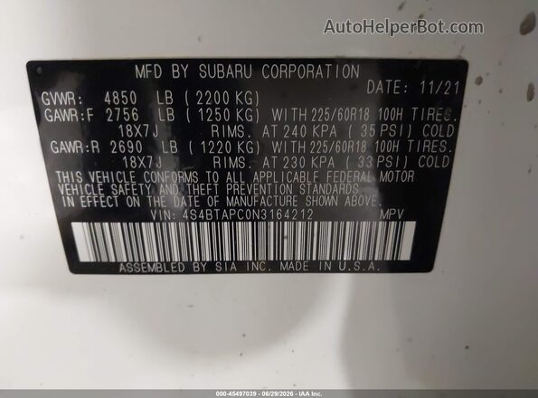 4S4BTAPC0N3164212 2022 SUBARU OUTBACK White Вид підкапотного простору