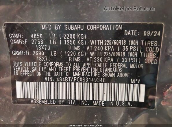 4S4BTAPC0S3149348 2025 SUBARU OUTBACK Gray Vista del compartimento del motor