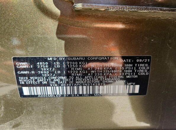 4S4BTAPC1N3142879 2022 SUBARU OUTBACK Green VIN sticker view