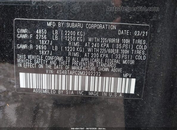 4S4BTAPC2M3202232 2021 SUBARU OUTBACK Черный Вид подкапотного пространства